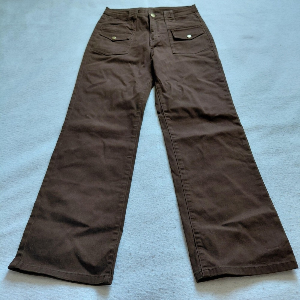 Cider Womens Brown Flare Cargo Pants Size S Utility Snap Pockets Streetwear Y2K
